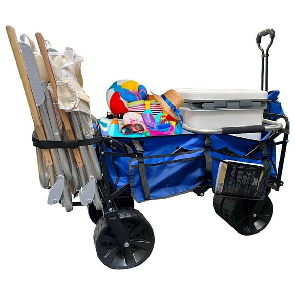 Beach Wagon Folding with Large Sand Wheels Heavy Duty Collapsible Cart with Pending Beach Chair Holder Great for Ocean, Camping and Fishing Solid Blue Color