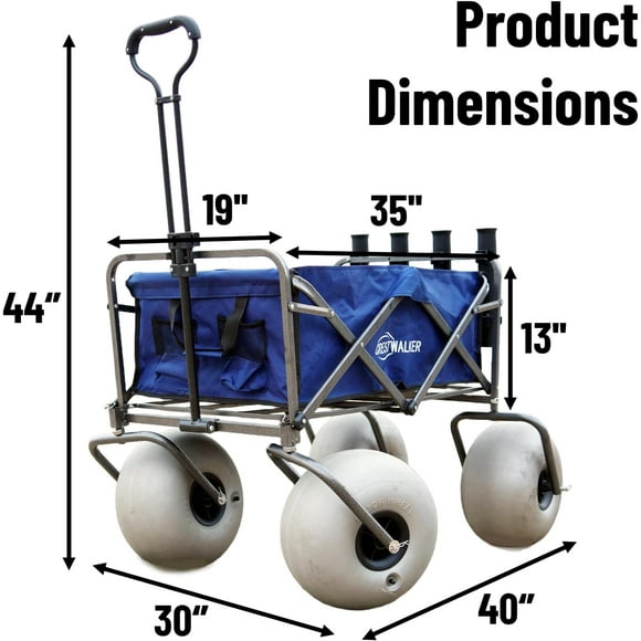 Beach Wagon with Big Wheels for Sand, Collapsible Beach Cart with 13'' Balloon Wheels (Pump Included) (Fishing Cart with Rod Holders)