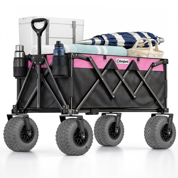 Beach Wagon with Heavy-Duty 10" Air Tires - All Terrain Folding Card with Big Wheels for Sand and Gravel - 300 LB. Capacity (Black/Pink)