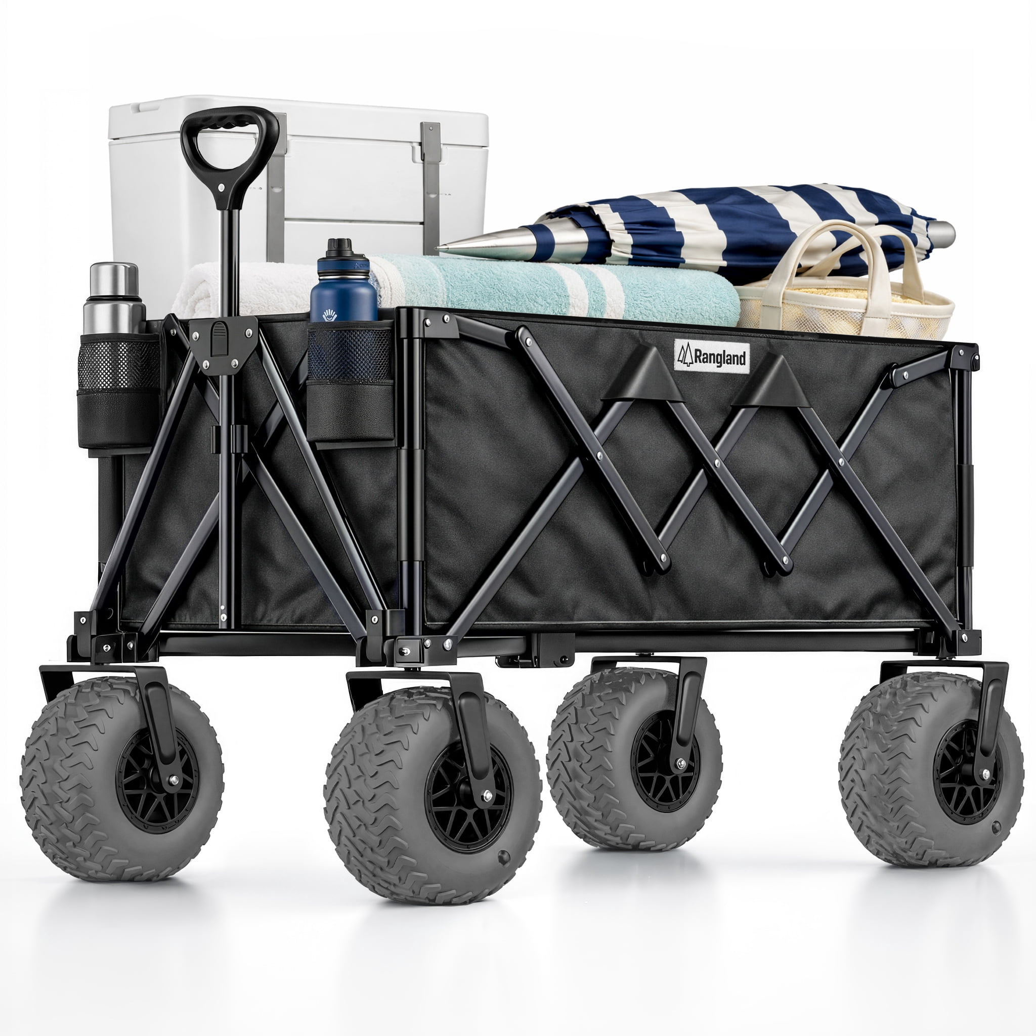 Beach Wagon with Heavy-Duty 10" Air Tires - All Terrain Folding Card with Big Wheels for Sand and Gravel - 300 LB. Capacity (Black)