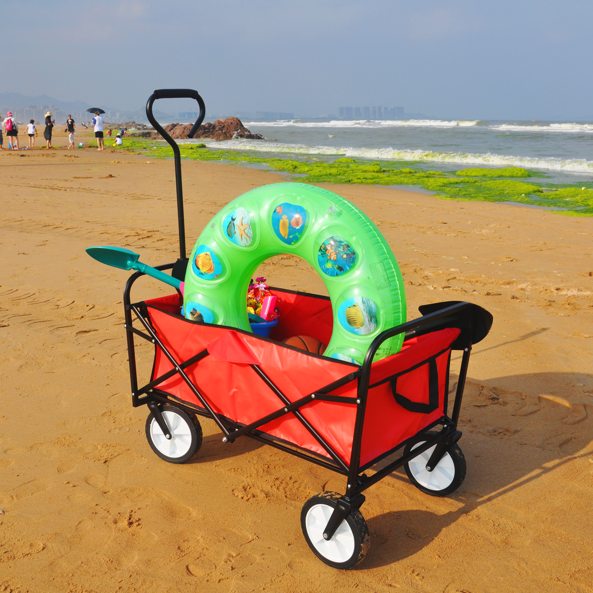 Beach Wagons with Big Wheels for Sand, Sturdy Steel Frame Collapsible Wagon, Foldable Wagon, Grocery Wagon with 2 Mesh Cup Holders, Adjustable Handle for Garden Shopping Picnic Beach, Red, Q3809 - image 1 of 11