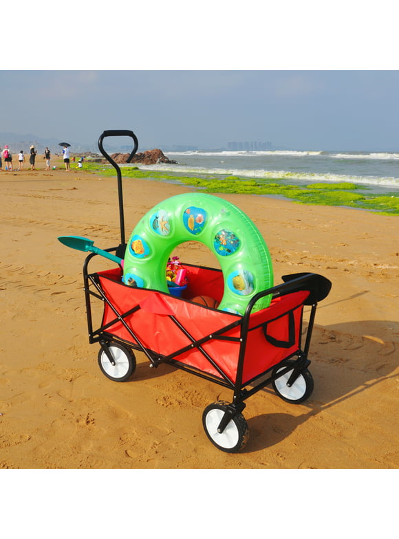 Beach Wagons with Big Wheels for Sand, Sturdy Steel Frame Collapsible Wagon, Foldable Wagon, Grocery Wagon with 2 Mesh Cup Holders, Adjustable Handle for Garden Shopping Picnic Beach, Red, Q3809
