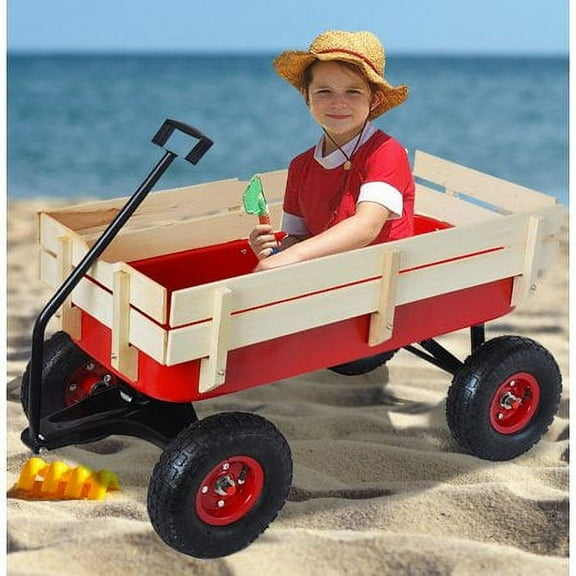 Beach Wagons for Kids Children, Outdoor Wagon All Terrain Pulling with Removable Wooden Railing and Air Tires, Toy Wagons for kids to Pull, Garden Wagon for Camping, Red