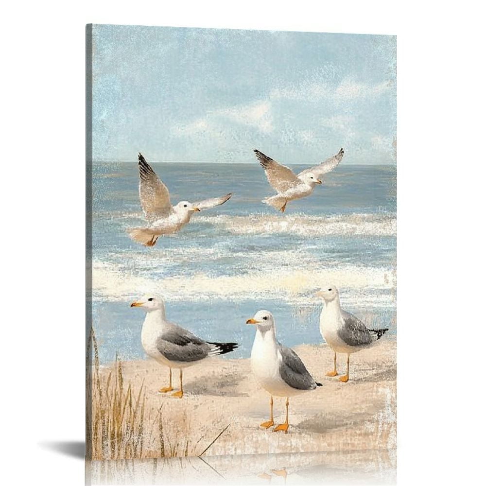Seaside Seagull Coastal Canvas Wall Art with Wooden Frame