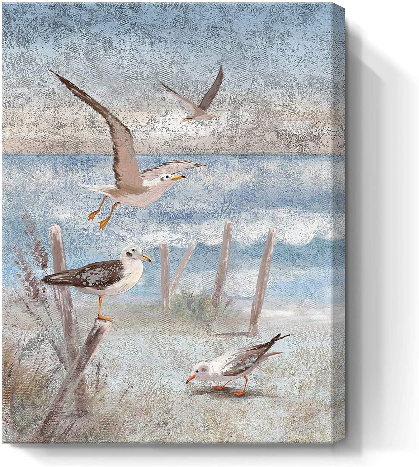Seaside Seagull Coastal Canvas Wall Art with Wooden Frame