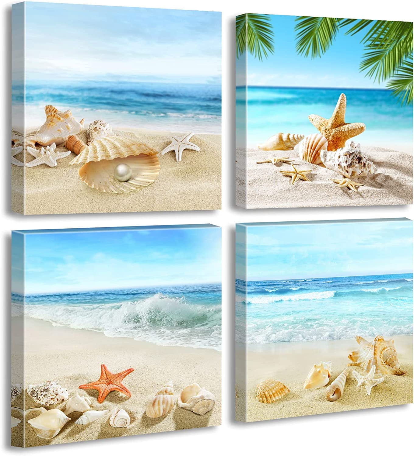 Gradient Blue Beach Shells and Starfish Canvas Prints Set