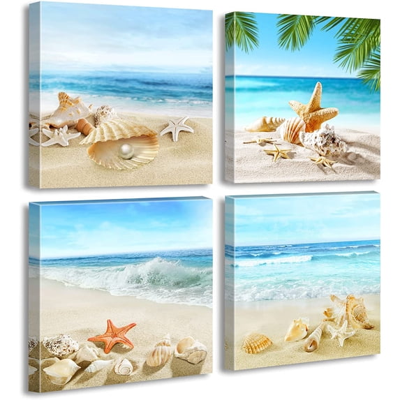 Beach Wall Art Bathroom Paintings Decor Seashell Starfish Nature Canvas Picture Blue Ocean Theme Decorations Posters Contemporary Nautical for Bedroom