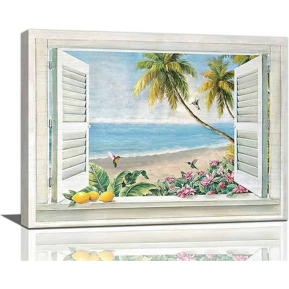Beach Wall Art Beach Coastal Pictures Wall Decor Ocean Scenery Palm Tree Canvas Prints Seaside Plant Flower Painting Modern Artwork Home Decoration for Bathroom Bedroom Living Room 16"x12"