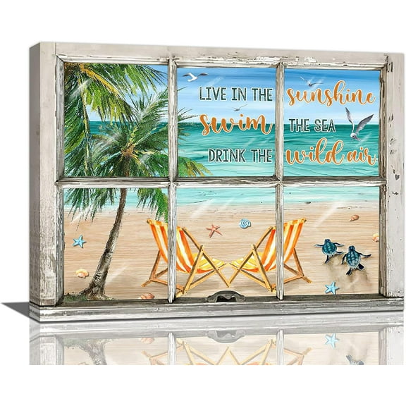 Beach Wall Art Beach Sea Turtle Palm Pictures Wall Decor Ocean Coastal Canvas Prints Artwork Paintings Home Decoration For Bathroom Living Room Bedroom Framed 16"x12"