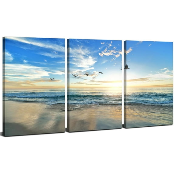 Beach Wall Art Coastal Decor Seagull Picture Canvas Prints Sunrise Seascape Painting for Living Room Nautical Themed Blue Sky Ocean Waves Landscape Artwork Bathroom Bedroom Home Decoration 12x16 3Pcs