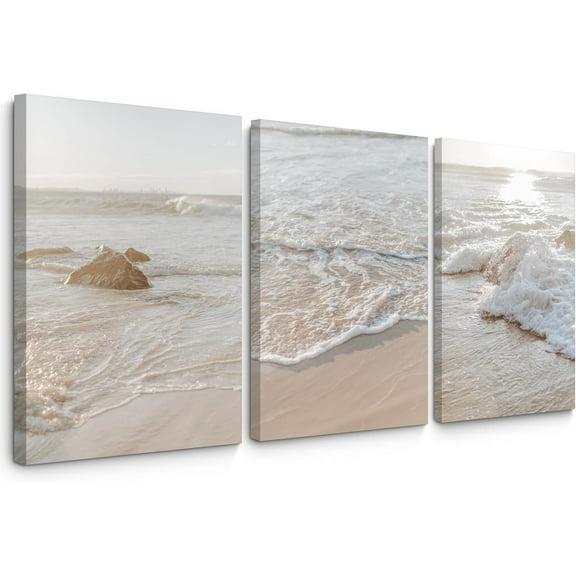 Beach Wall Art Decor Coastal Wall Art Pictures Ocean Canvas Wall Art Beige Beachy Wall Decor Boho Beach Prints Ocean Painting Coastal Artwork for Bedroom Living Room 12x16 Inch Set of 3
