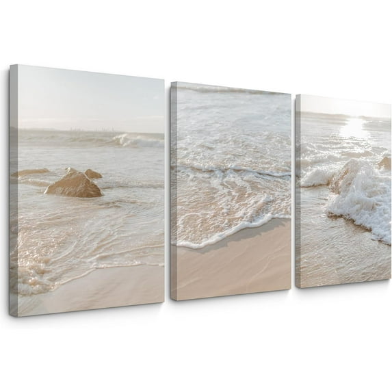 Beach Wall Art Decor Coastal Wall Art Pictures Ocean Canvas Wall Art Beige Beachy Wall Decor Boho Beach Prints Ocean Painting Coastal Artwork for Bedroom Living Room 12x16 Inch Set of 3