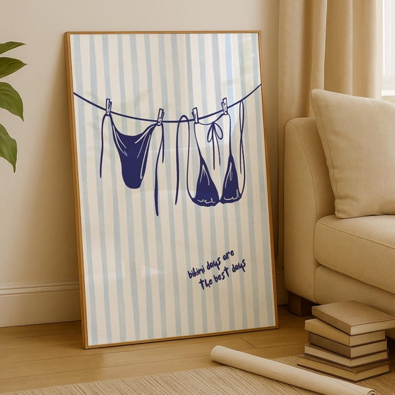 Beach Wall Art , Hanging Bikini Poster, Euro Summer Coastal Bathroom Art, Nautical Decor Blue Striped Bikini Days Are The Best Days Home Decor #25, Stretched Canvas Size 16x24