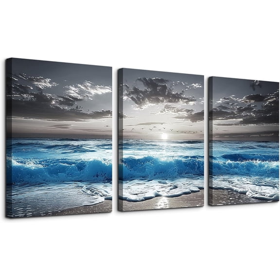 Beach Wall Art For Living Room Canvas Wall Decor For Bedroom Office Decorations Blue Sea Wave Paintings Black And White Wall Pictures Artworks Bathroom Canvas Art Modern Home Decor 3 Piece