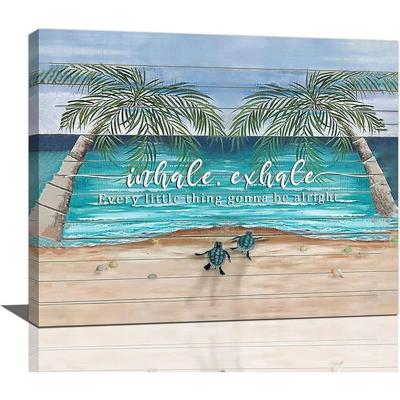 Beach Wall Art Motivational Sea Turtles Wall Decor Inspirational Inhale Exhale Quotes Canvas Prints Blue Sea Palm Trees Pictures Modern Home Unframed Artwork for Living Room Bedroom Bathroom