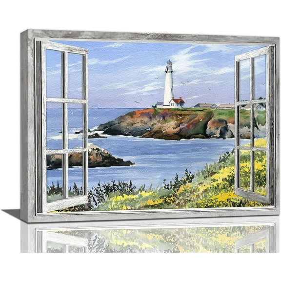 Beach Wall Art Ocean Lighthouse Wall Art Coastal Farmhouse Wall Pictures Living Room Decor Canvas Print Home Decorations For Bathroom Living Room Bedroom Framed Ready To Hang 16"x12"