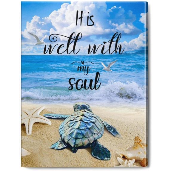 Beach Wall Art Sea Turtle Wall Decor,It Is Well With My Soul Wall Art Framed Ready to Hang for Living Room Bedroom Home Office