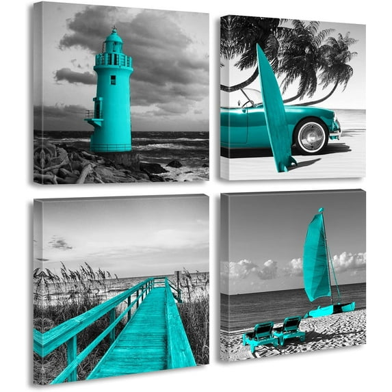 Beach Wall Art Teal Wall Decor Bathroom Decor Sets Accessories Black and White Ocean Lighthouse Painting Palm Tree Surfboard Car Bridge Picture Prints Seascape Office Bedroom Poster 12x12 inches x4