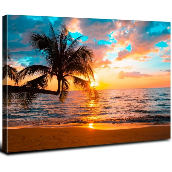 Beach Wall Art Tropical Palm Tree Wall Art Ocean Sunset Coastal Landscape Beach Pictures Wall Decor for Living Room Seascape Poster Bathroom Canvas Nature Painting Bedroom Office Home Decoration 12x16