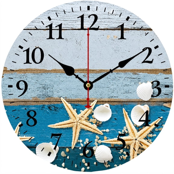 Beach Wall Clock 9.84 Inch, Coastal Seashell Starfish Decorative Round Analog Clock, Battery Operated Easy Read Clock for Bathroom Kitchen Bedroom