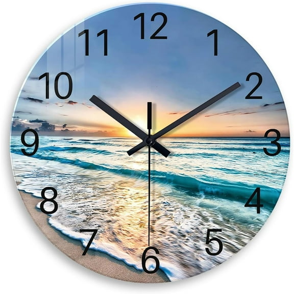 Beach Wall Clock Battery Operated 12 Inch Wooden Wall Clock Non-Tick Analog Blue Clock for Bedroom Living Room Office