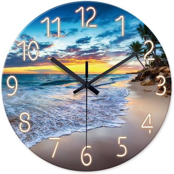 Beach Clock Wall Decor Wooden Modern Coast Wall Clock Silent Non-Tick Blue Ocean Wall Clock Battery Operated 12 Inch