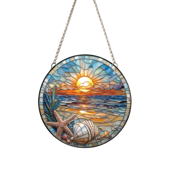 Beach Wall Decor, Hanging Wall Decor, Acrylic glass Window Hanging, Beach House Decor, 8 Inch Diameter 2D Ocean Sunset Seashell Starfish Painted Hanging Decoration for Indoor