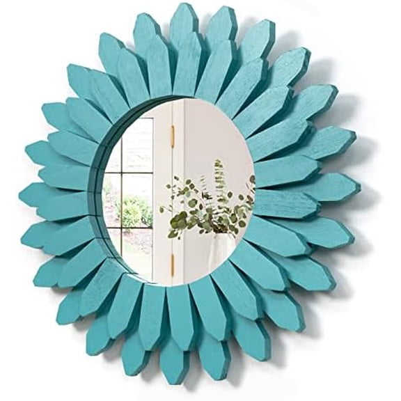 Beach Wall Decor Mirror 12 inch Wood Coastal Wall Decor Sunburst Boho Home Decor Room Decor for Bedroom Living Room Bathroom Cyan