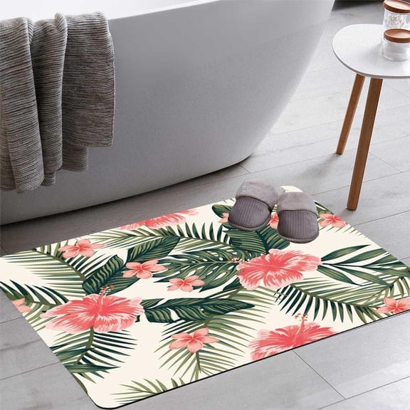 Beach Wallpaper Hibiscus Bath Rugs 16x24 Inch Non Slip Bath Mat Quick Dry Super Absorbent Thin Bath Rug Fit Under Door Washable Bath Floor Rugs for Bathroom Bathtub Shower Sink,Multi 4