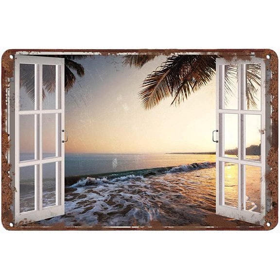 Beach Water View Window Beach Shore Metal Tin Sign Retro Wall Decor Vintage Kitchen Baking Tin Sign for Home Wall Decor Gifts 8x12 Inch