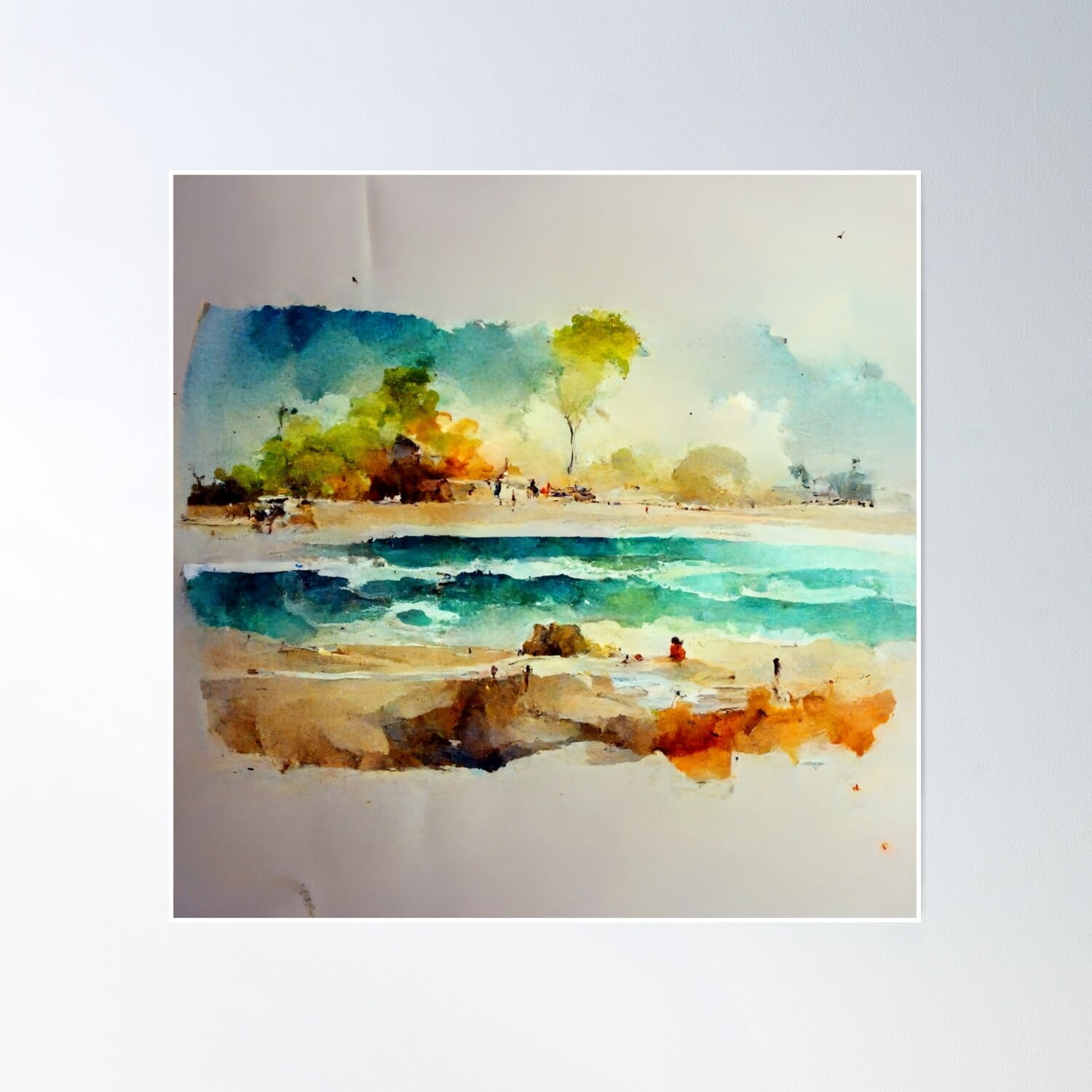 Beach Watercolor Painting Poster Wall Art, Modern Wall Decor, 24x24
