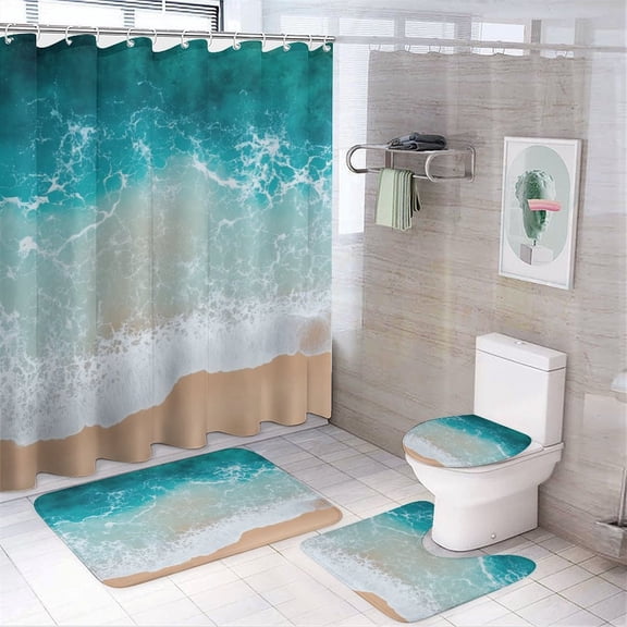 Beach Wave Aerial View Shower Curtain Bathroom Sets Toilet Lid Rug, Bath Mat And Contour Mat, Shower Curtain 4Pcs