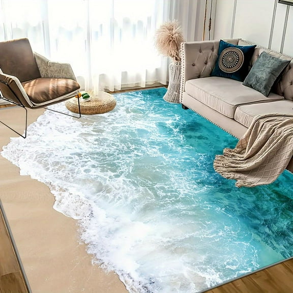 Beach Wave Area Rugs - Blue Sea and Beach Soft Rugs for Bedroom, Easy Clean Home Decor Low Pile Carpet, Modern Area Rug for Living Room,Kids Room,Bedroom,Office 2x3ft