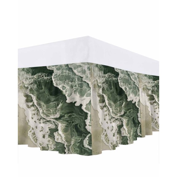 Beach Wave Bed Skirt King Size 16" Drop Watercolor Green Ocean Modern Art Ruffled Wrap Around Bed Skirts Adjustable Elastic Bedskirt Dust Ruffle for King Size Bed