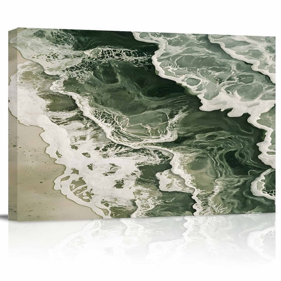 Beach Wave Canvas Print Wall Art Watercolor Green Ocean Modern Art Pictures Painting Morden Artwork for Living Room Bedroom, Ready to Hang - 12"x16"