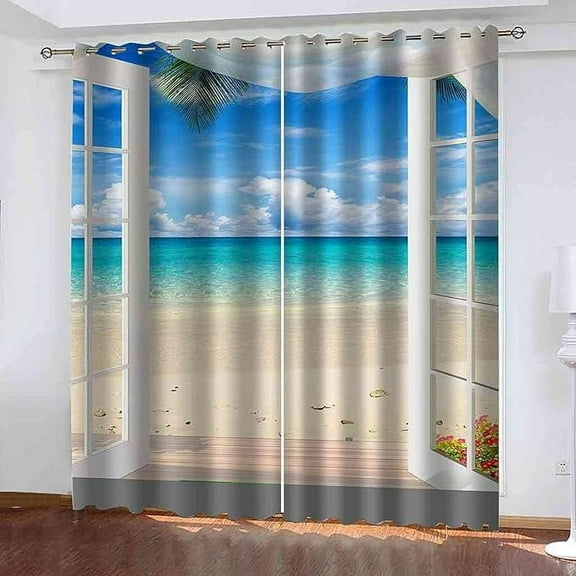 Beach Wave Landscape Grommet Blackout Curtains, 3D Printed Drapes, Set Of 2 Panels, Thermal Insulated Light Blocking Window Curtain For Living Room Bedroom Kitchen Cafe 26"W x 54"L (Pack of 2)