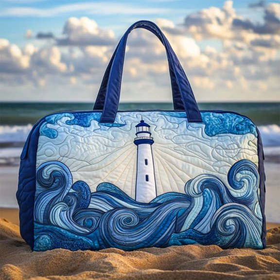 Beach Wave Lighthouse Pattern Print Quilted Duffle Bag