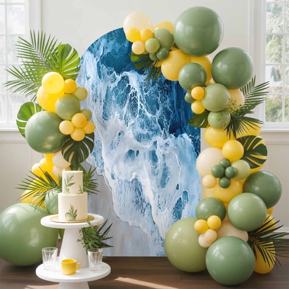 Beach Wave Modern Art Arch Backdrop Cover, 4FT, Watercolor Blue Ocean Spandex Arch Covers Double-Sided Backdrop for Wedding Birthday Party Photo Background Decoration