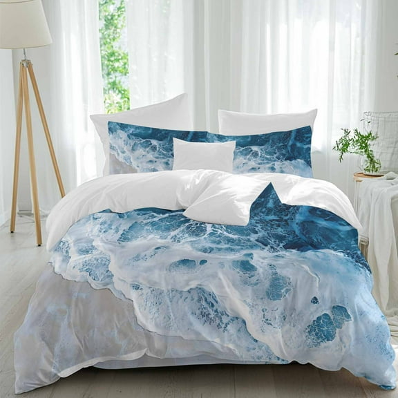 Beach Wave Modern Art Duvet Cover Set Twin Size Watercolor Blue Ocean Soft Lightweight Comforter Covers 4 Piece Bedding Set with 1 Duvet Cover 1 Bed Sheet & 2 Pillow Shams