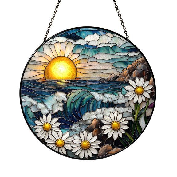 Beach Wave Ocean Glass Suncatcher Round Window Hanging, Daisy Floral Coastal Decor for Summer Interiors