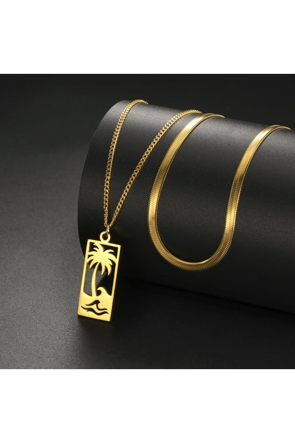 Beach Wave Palm Tree Pendant Necklace14K Yellow Gold Necklace Women's and Men's Double Layer Chain Couple Birthday Party Gift