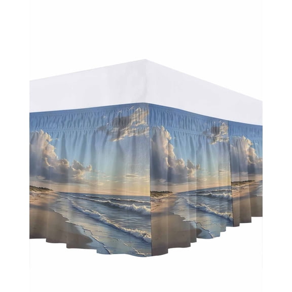 Beach Wave Ruffle Bed Skirt California King Size Watercolor Blue Sky Ocean Modern Art Adjustable Elastic Dust Bed Skirts Wrap Around Bedskirt Wrinkle Free Easy Fit with 18 Inch Drop
