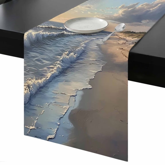 Beach Wave Table Runner 13x48 Inch Watercolor Blue Sky Ocean Modern Art Table Runner Non-Slip Dresser Scarves for Holiday Decorations, Party, Dinner and Gatherings, 1 Pack