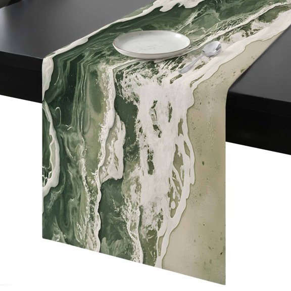 Beach Wave Table Runner 13x48 Inch Watercolor Green Ocean Modern Art Table Runner Non-Slip Dresser Scarves for Holiday Decorations, Party, Dinner and Gatherings, 1 Pack