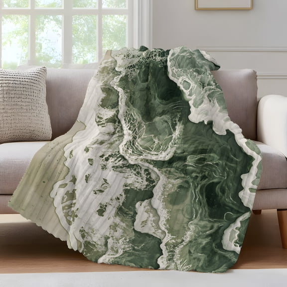 Beach Wave Throw Blanket for Couch Watercolor Green Ocean Modern Art Soft and Warm Flannel 3D Striped Fluffy Fuzzy Fleece Blanket Lightweight Throw for Bed, Sofa 30 x 40 Inches