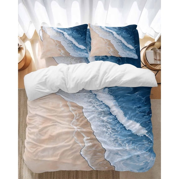 Beach Waves Modern Art Bedding Duvet Cover Set Full Size 4 Pieces Watercolor Blue Ocean Bedding Set with Zipper Closure, 1 Comforter Cover 86x86 Inches 1 Flat Sheet & 2 Pillow Cases