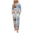 thumbnail image 1 of Beach Waves Sand Rocks Womens Pyjamas Set Button Up Pyjamas Womens with Long Sleeve Top And Wide Leg Pants V-neck Loungewear Sets, 1 of 9