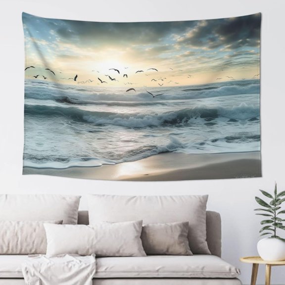 Beach Waves and Seabirds Wall Tapestry Aesthetic Boho Vertical Wall Hanging 60 x 40 Inch Vintage Style Decorative Poster Flag for Bedroom or Living Room