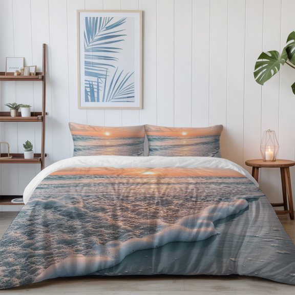 Beach Waves Summer Sunset California King Size Bed Set,Blue Sea Water Bedding for All Seasons,4 Pcs Bed Set with 1 Quiltcover (96"x104"),1 Sheet (110"x98"),2 Pillowcases (20"x36")