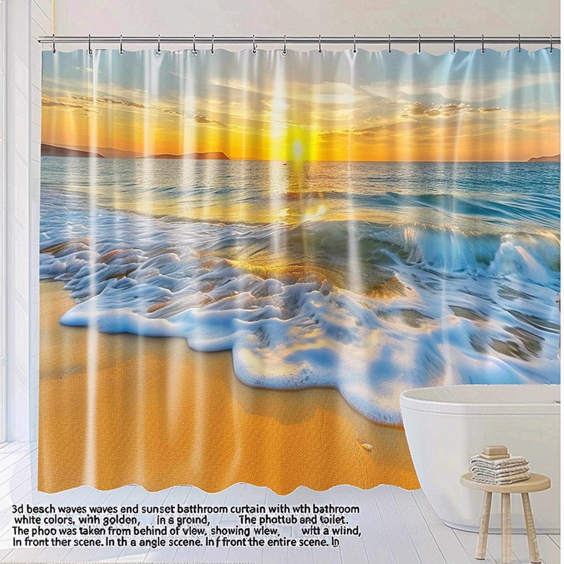 Beach Waves Sunset Bathroom Curtain Yellow Blue White Golden Sand